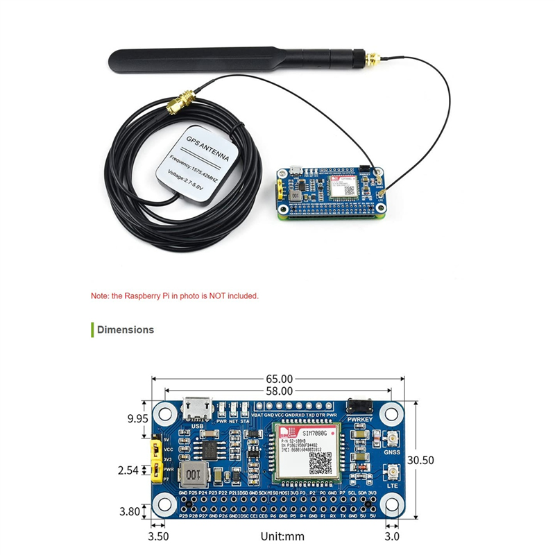 Waveshare NB-IoT/Cat-M(EMTC)/GNSS kapelusz do Raspberry Pi w oparciu o SIM7080G, globalnie stosowany, na pokładzie interfejs USB