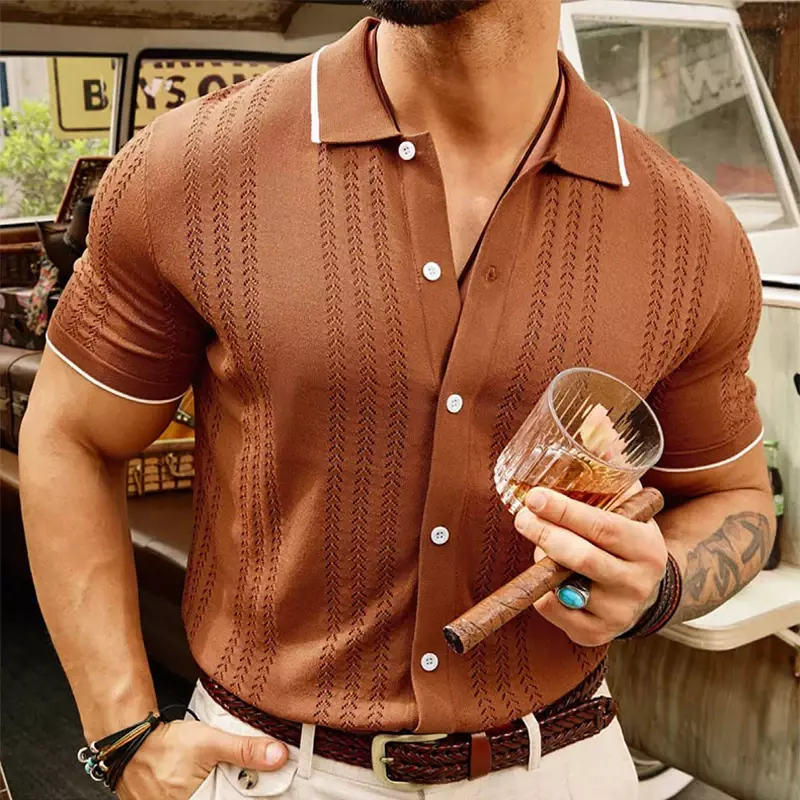 New Casual Mens Knitted Shirts Short-sleeved Slim Fit Button-up Lapel Knit Tops For Men Summer Knitting Polo Shirts Streetwear