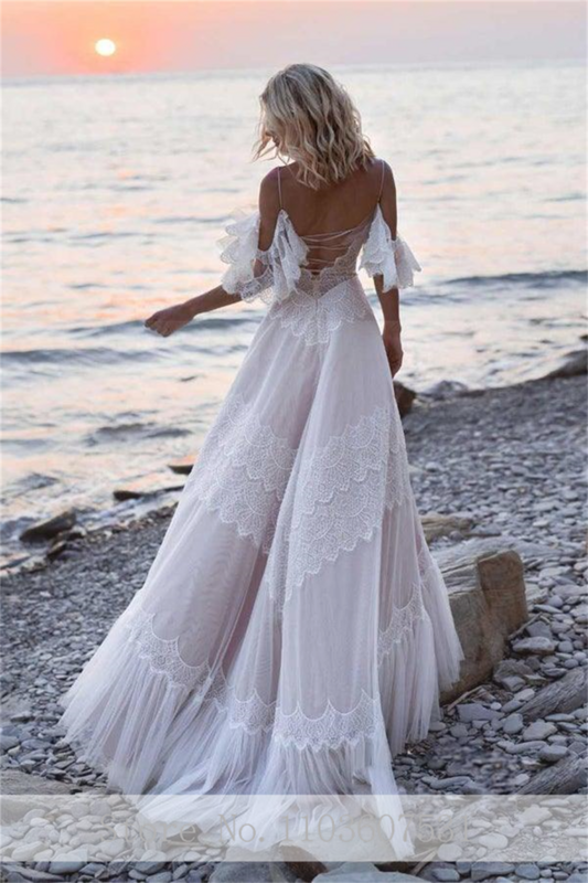 Boho Spaghetti Straps Lace Beach Wedding Dress for Women Strapless A-line Court Tulle Wedding Gown robe de mariée