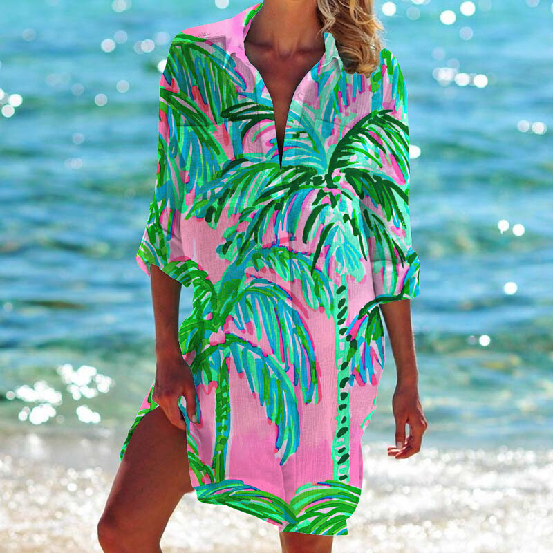Blus Gambar Tanaman Tropis Kemeja Lengan Panjang Berkancing Blus Mode Wanita Blus Panjang Kaus Panggilan Bohemian Tabir Surya Longgar