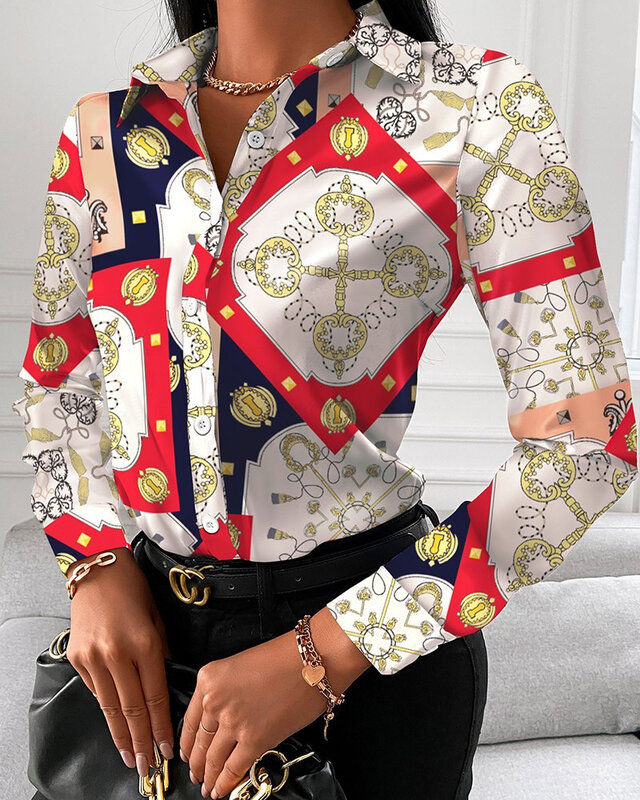 Camisas Y Blusas Streetwear Vintage Print Oversized Casual Shirts for Women Trendy Long Sleeve Shirts & Blouses Top Y2k Clothes