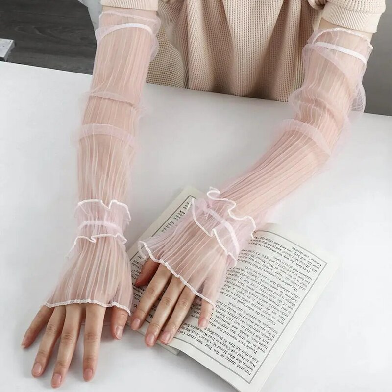 Cubiertas de brazo de hilo de red de protección UV para mujer, guantes sin dedos de protección solar, guantes de encaje de estilo coreano, Mangas de brazo de encaje, mangas largas