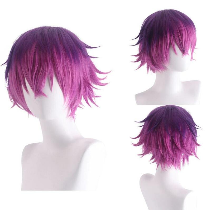Short Men Women Straight Wigs Ombre Gradient Purple Black Brown Flaxen Anime Cosplay Hair Wig for Daily Party