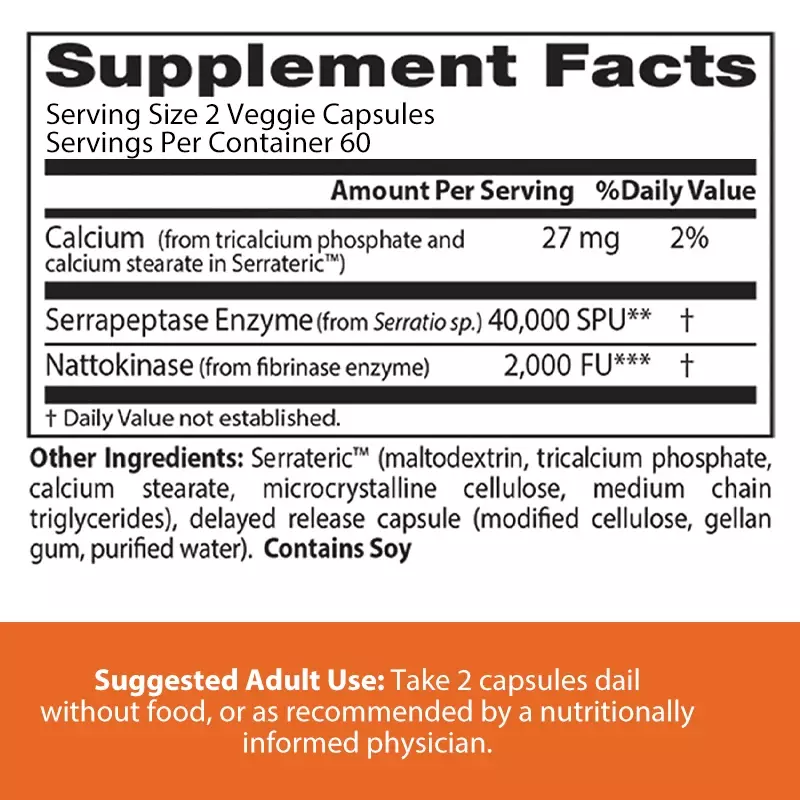 Nattokinase Serine Peptidase organik, bebas Gluten, non-gmo, 120 kapsul Vegetarian