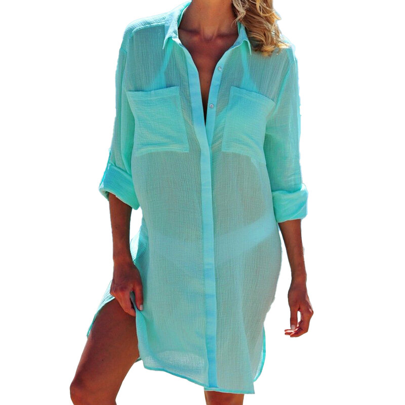 Traje de baño de manga corta para mujer, ropa de playa Sexy, blusa larga informal, Color sólido