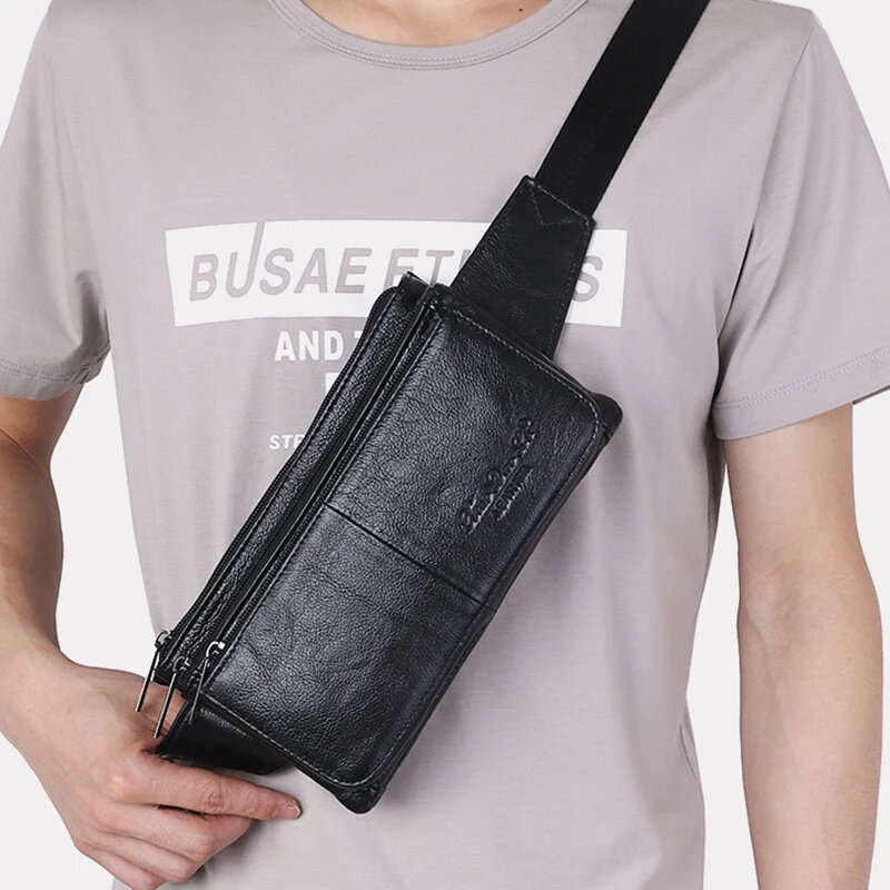 Tas sabuk kulit asli untuk pria, tas pinggang dada pinggang ponsel kasual untuk perjalanan