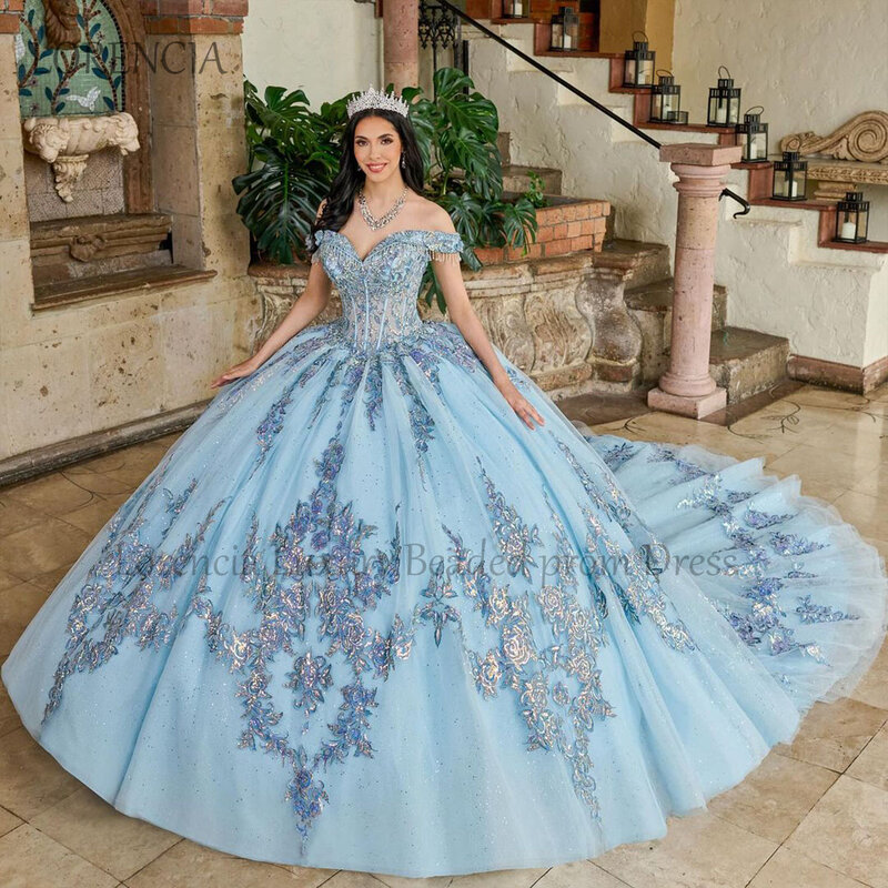 Moda 2024 sukienka na Quinceanera 3D kwiaty słodkie 16 15 suknie balowe odkryte ramiona aplikacja meksykański koraliki gorset Vestidos De 15 Años