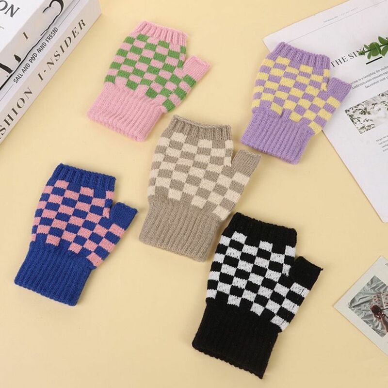 Korean Fashion Chessboard Wool Knittied Mittens Student Writing Fingerless Gloves Women Autumn Winter Warm Half Finger Mittens