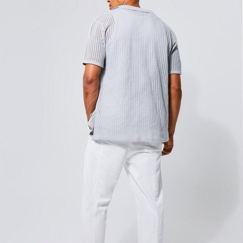 Chemise à manches courtes pour hommes avec bouton à revers, t-shirt en tricot, cool, évider, cardigan d'été, mode
