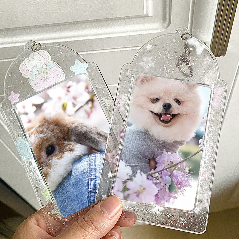 INS Glitter Transparent PVC Photocards Protector Flash Five Stars Photo Pocket Keychain Key Ring Bank Bus Credit Cards Holder