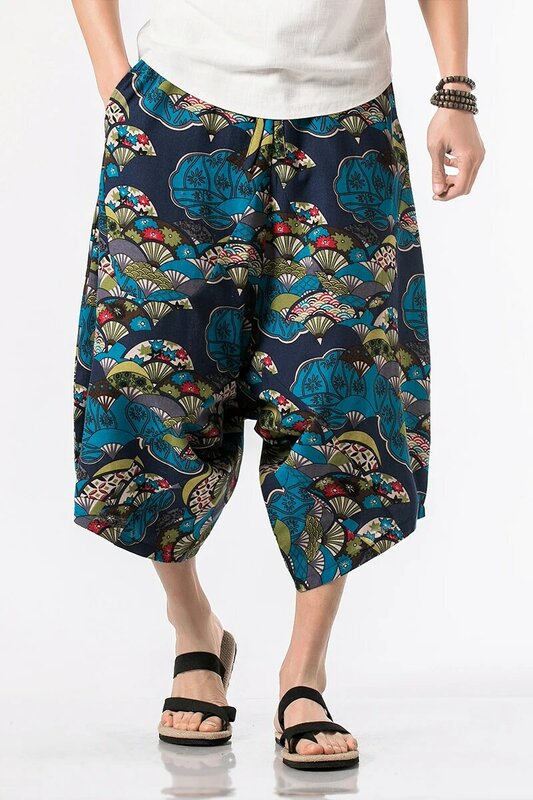 Hawaii Chinese Style Printing Wide Leg Pants Men 100% Cotton Drawstring Trousers Streetwear Hip Hop Fitting Jogging Casual Pants
