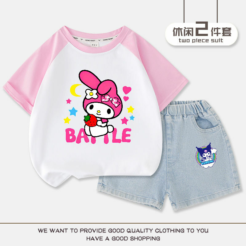 Sanrio-女の子のためのアニメプリントショーツのツーピースセット、子供のための半袖トップス、赤ちゃん、かわいい、カワイイ、タイドギフト、夏