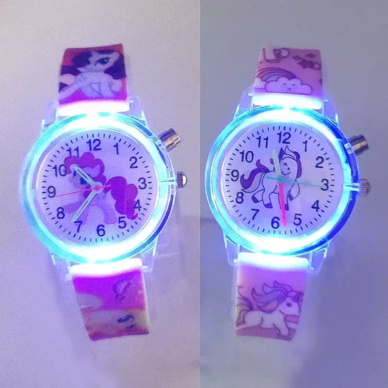 Relojes de silicona con luz Flash para niños y niñas, relojes de pulsera de cuarzo, regalo de cumpleaños, dibujos animados, poni, unicornio