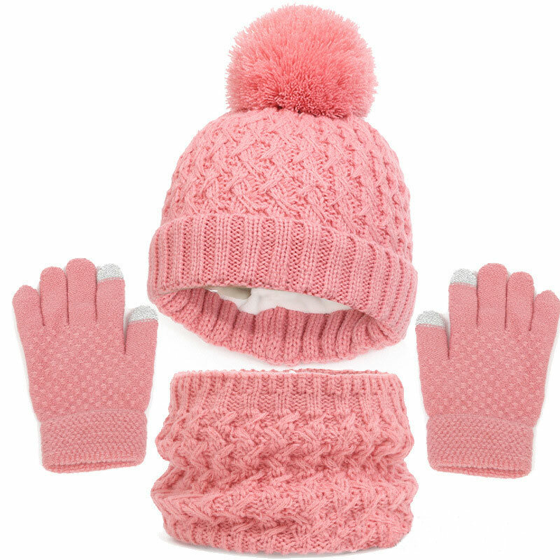 2023 Luxury Fashion Scarves Children Knitted Beanie Cap Cute Pompom Baby Hat Winter Hat Scarf and Gloves 3pcs Set For Girls Boy