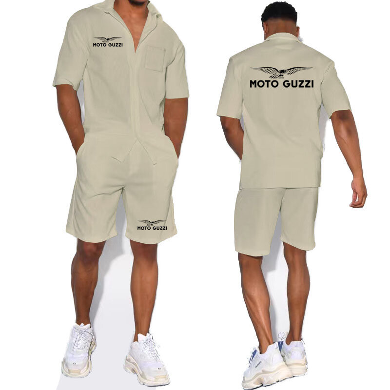 Summer Men's T-Shirts + Shorts 2 Piece Set moto guzzi print Fashion Men's beach holiday Cardigan short sleeves set