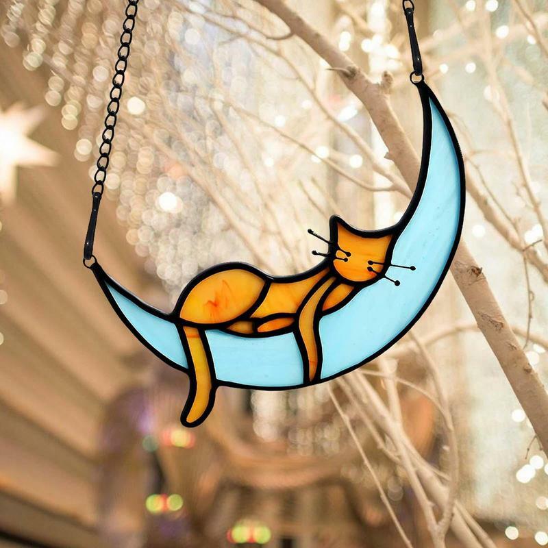 Подвесные украшения в виде кота и Луны, витражные украшения 2D для окон в форме кошки, цветные, потеря стекла, для любителей кошек