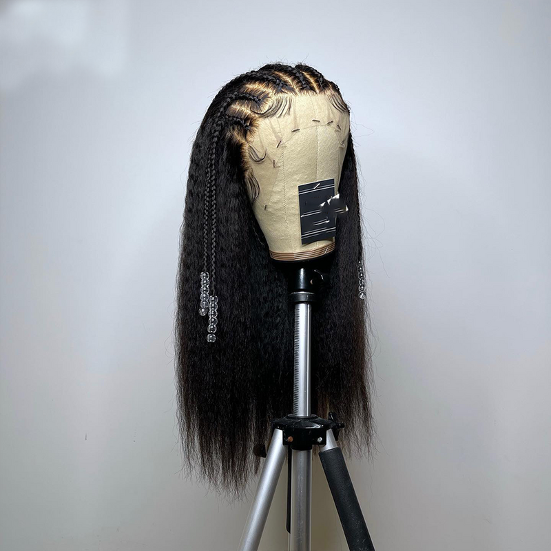 Yaki-peluca larga y rizada con malla frontal para mujer, pelo de bebé negro Natural, sin pegamento, suave, 180de densidad, resistente al calor, 26 pulgadas