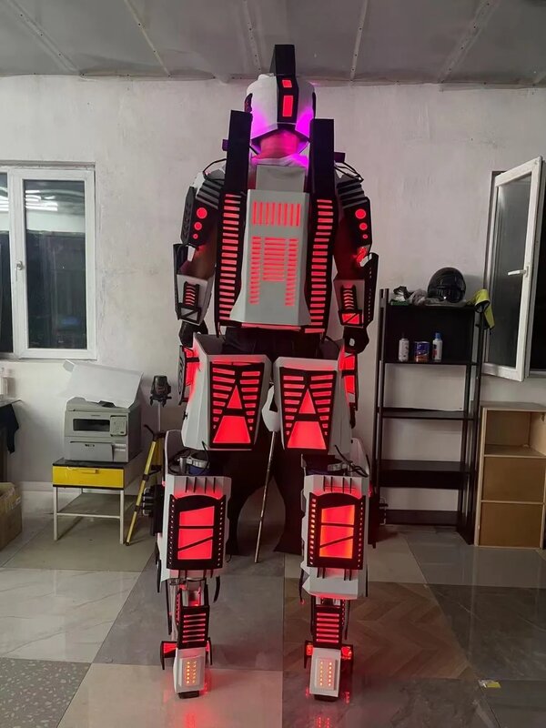 Kostum Robot LED, pakaian helm pakaian pesta menyala, setelan bercahaya untuk Stilts, pakaian pentas Jalan