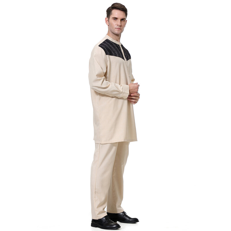 2 PCS Muslim Men Long Sleeves Chinese Collar Front Color Contrast Robe Long Pants  Arab Male Thobe Ramadan Eid Clothes