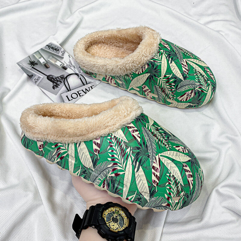 Pantoufles en fourrure YZY unisexe, chaussures chaudes à enfiler en coton, motif feuilles, pour la maison, grandes tailles 34-46, nouvelle collection hiver