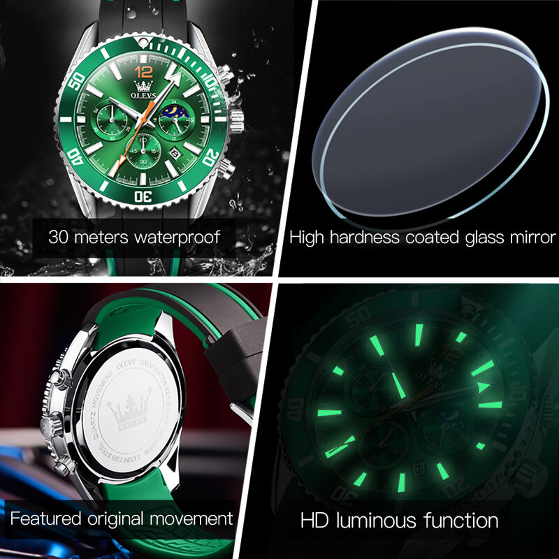 OLEVS-Relógio Quartz Masculino com Pulseira de Silicone, Big Dial Relógios, Fase da Lua, Impermeável, Luminoso, Desportivo, Moda, Reloj