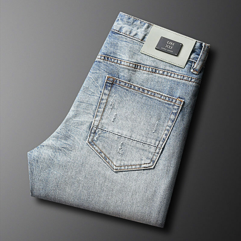 Jeans rasgado azul claro masculino, calças de streetwear, slim fit, designer remendado, hip hop, moda retrô