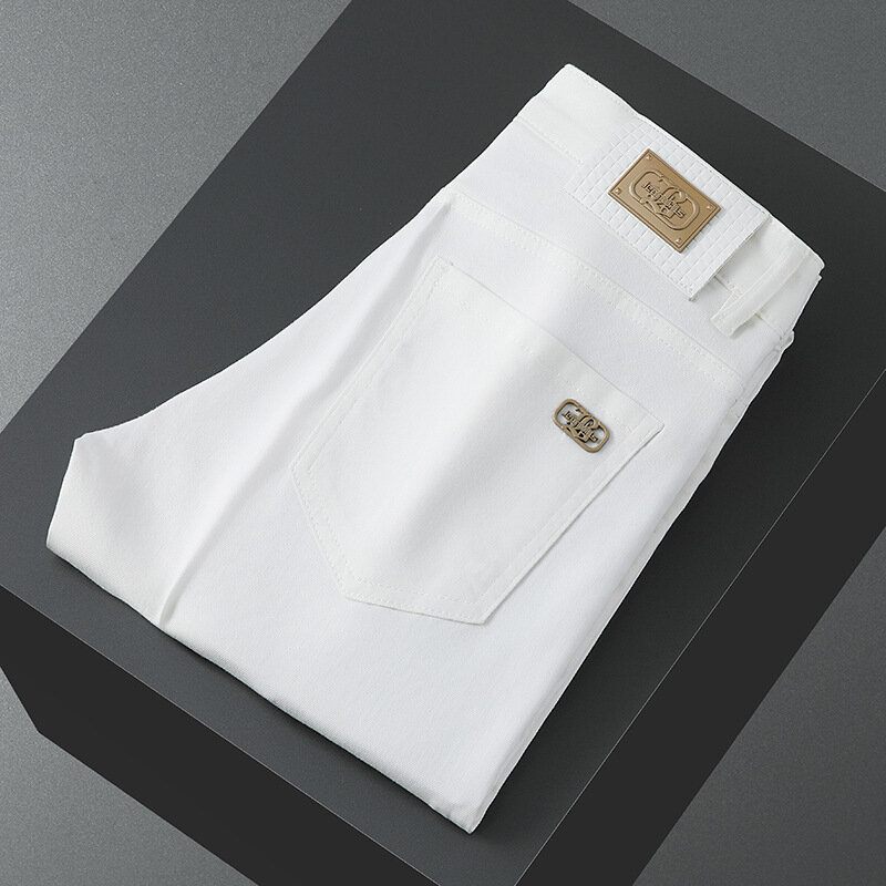 Celana jins pria, tiga tahan kain anti-pudar terjangkau fashion mewah warna solid high-end sederhana all-match kasual slim-fit