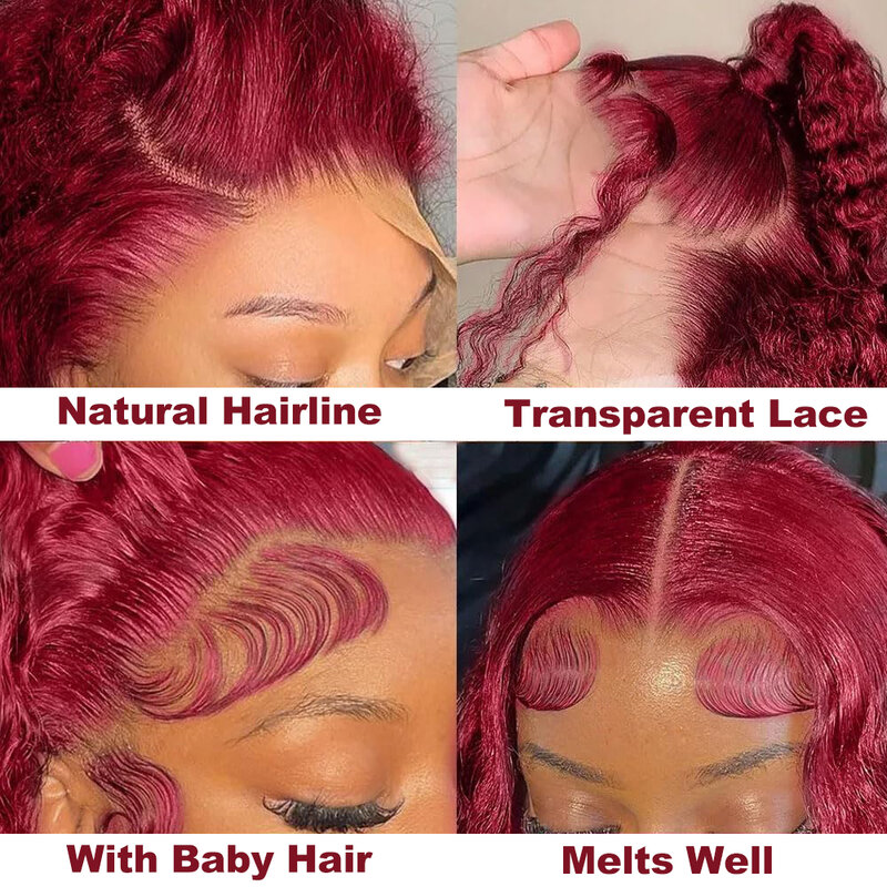 Perruque Lace Front Wig frisée brésilienne naturelle-bordeaux, cheveux humains, Deep Wave, 99J, partie libre, avec baby hair, densité 180