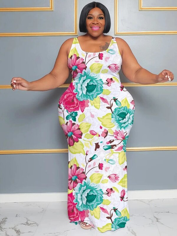 Plus Size bedrucktes Maxi kleid elegante ärmellose Sommerkleid ung mit V-Ausschnitt Mode kleider für Frauen Streetwear Club Party Roben