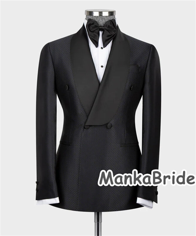 Smoking masculino trespassado de cetim preto lapelado, personalizado desgaste formal do negócio, ternos do noivo do casamento, calças blazer, ternos masculinos completos, 2 peças