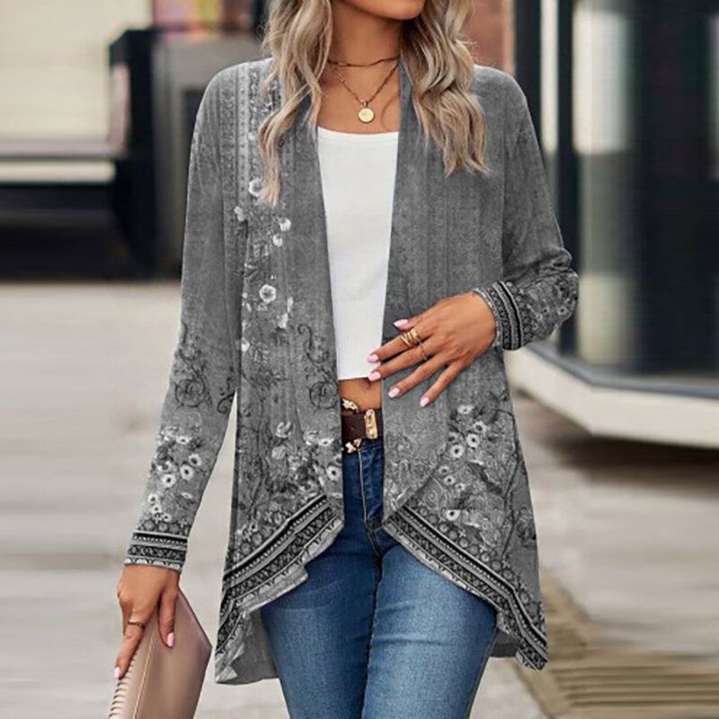 여성용 턴다운 칼라 빈티지 프린트 재킷, 얇은 상의, 캐주얼 코트, 패셔너블한 카디건, 신상