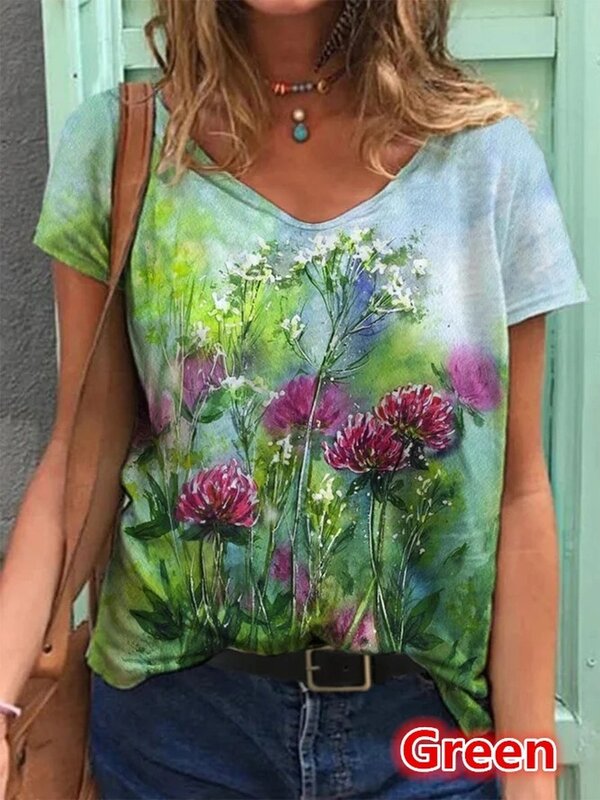 2023 Frauen abstrakte Blumen druck Kurzarm T-Shirts Sommer neue Mode Dame V-Ausschnitt lose Baumwolle Tops S-5XL Hemden