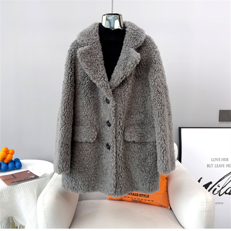 Women's Real Fur Suit Collar Warm Coats Lady Girl Sheep Shearling Thicken Overcoat Winter Parka JT3363