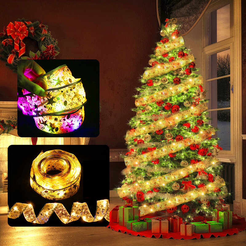 Guirxiété lumineuse dégradée pour décoration d'arbre de Noël, ruban, ornements pour la maison, Noël, nouvel an, 2023, 2024