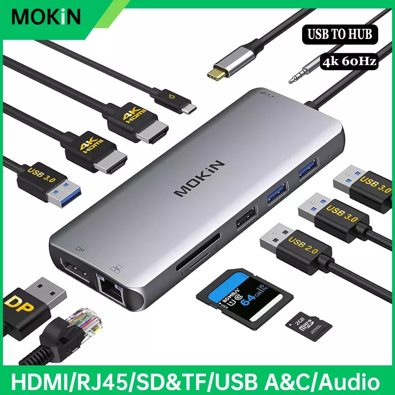 MOKiN USB C Dual Monitor Docking Station to Dual HDMI Adapter with 4K@60hz,SD/TF,RJ45,VGA,USB,Audio,100W PD Dock for MacBook Pro