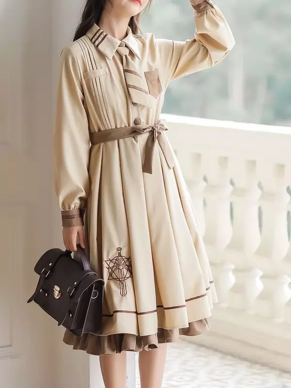 귀여운 프레피 스타일 원피스 긴팔 귀여운 로리타 드레스, 미드 카프 일본 JK 유니폼, 빈티지 우아한 여성 로브