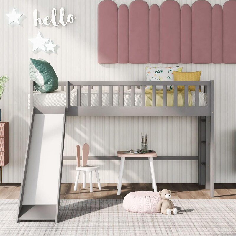 Twin Size Low Loft Bed with Slide Ladder, Pinewood Bedframe with Safety Guardrail for Kids,Girls,Boys, Easy to Assemble, No Box