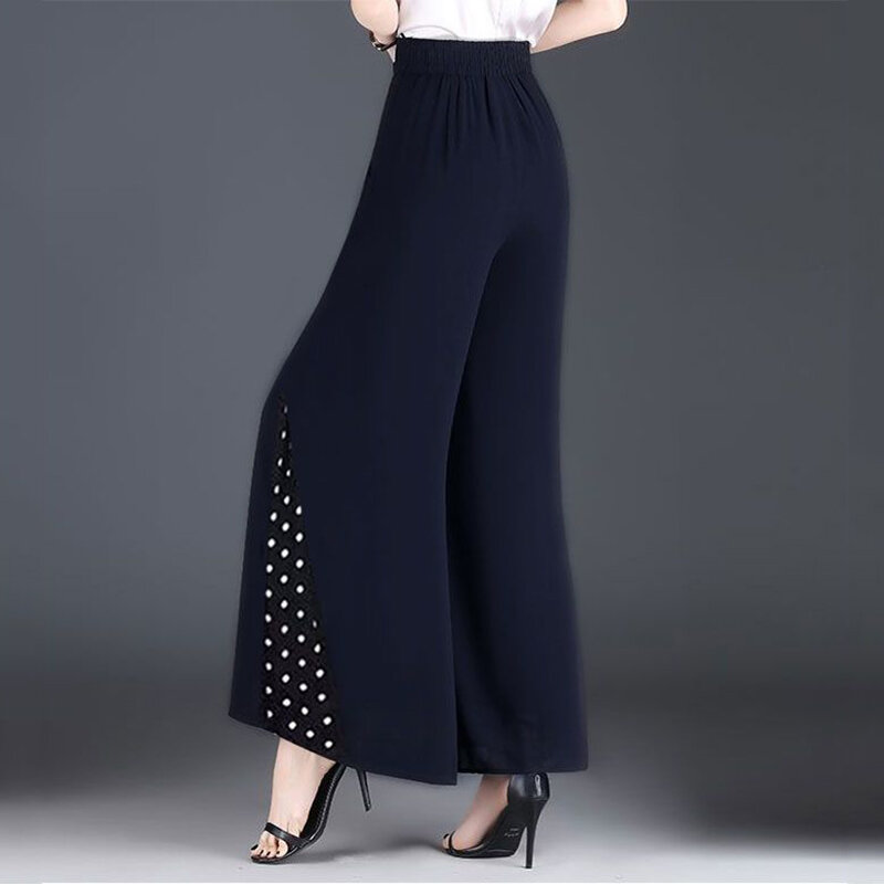 Pantalon large taille haute élastique à panneaux fins pour femmes, imprimé patchwork, pois, droit, décontracté, été, mode