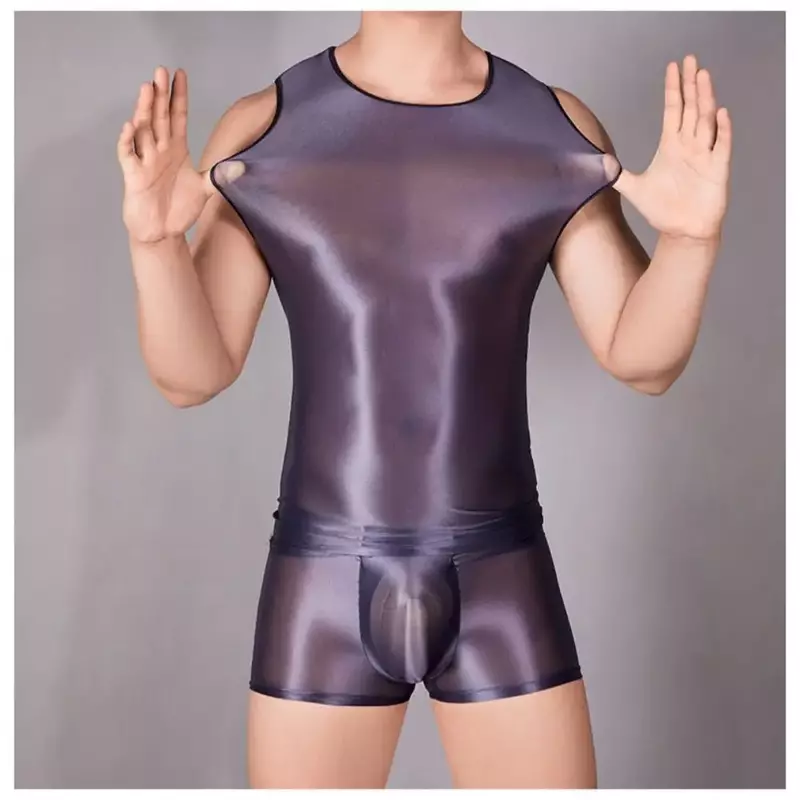 Silky Soft Mens Undershirt Glossy Sleeveless Round Neck Swimwear Sport Running Yoga Suit T-Shirt Boxer Elastic Gay Singlet Homme