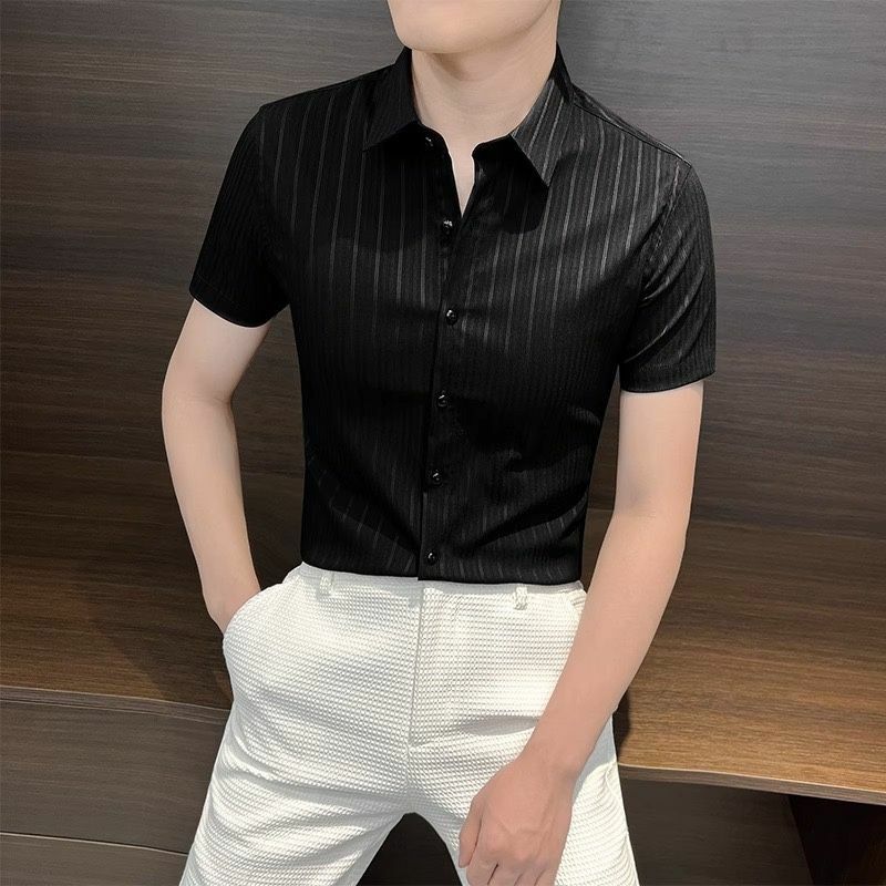 Elegant Fashion Harajuku Slim Fit Ropa Hombre Loose Casual Sport All Match Outerwear Pointed Collar Solid Short Sleeve Blusa