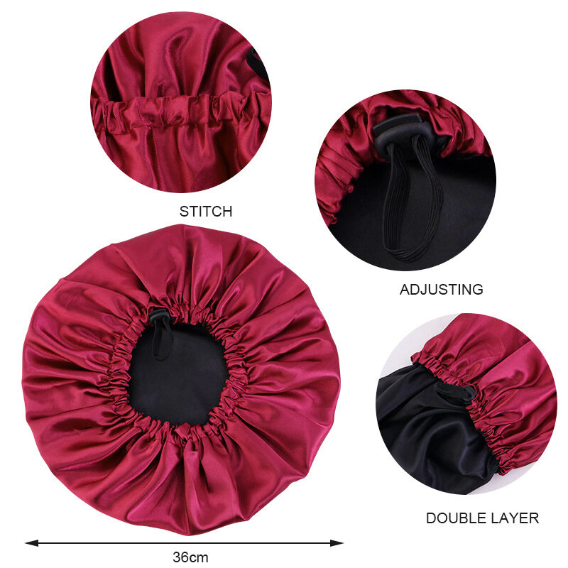 Bonnet cetim reversível ajustável para dormir, tampa de dupla camada, cuidados com o cabelo sedoso, usado para dormir, atacado