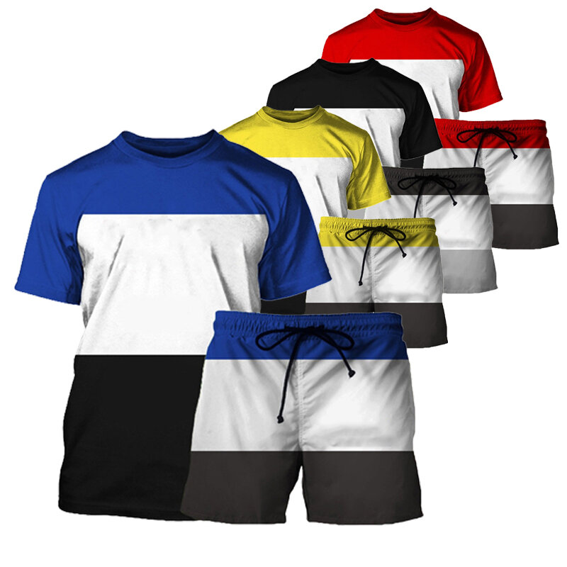 Casual Patchwork Summer Men T-shirt Tracksuit Streetwear Fashion Outfit Short Sleeve Seaside High Street Solid Oversized Set