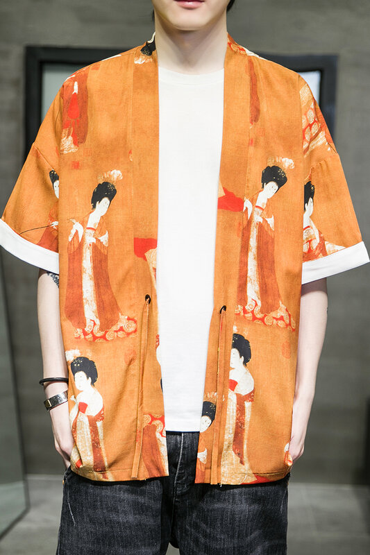 Hanfu kostum mode lukisan Cina jaket kardigan jubah gaya Tiongkok pria mantel kuno ukuran besar Kimono 5XL