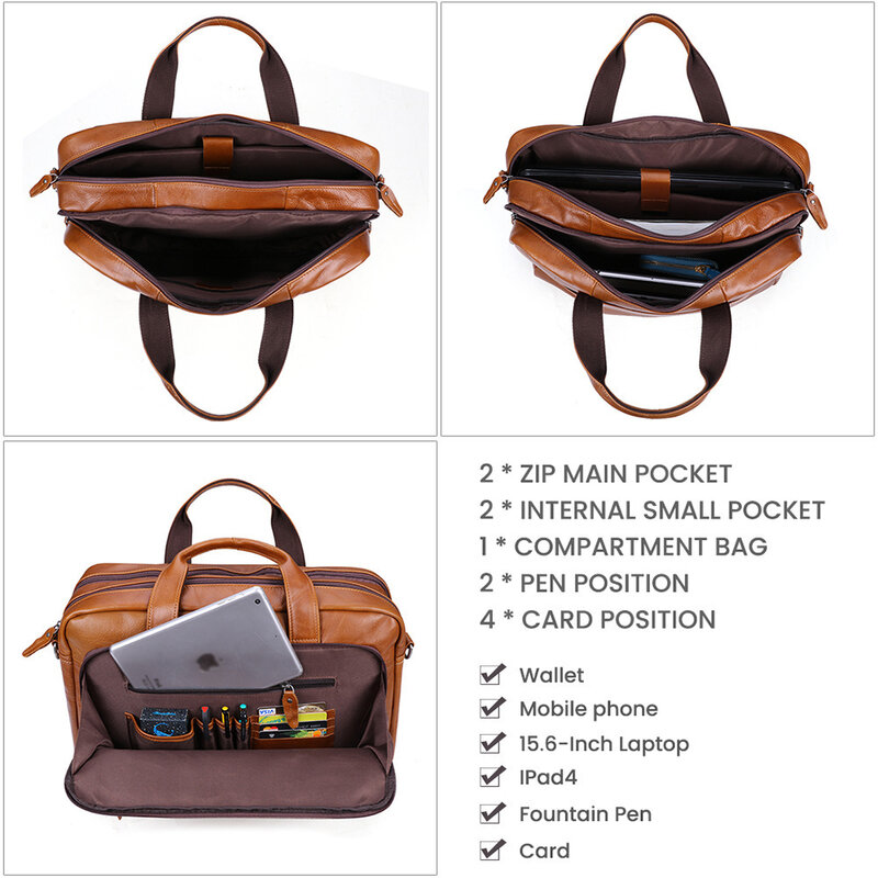 Tas selempang kulit asli untuk pria, tas kerja Laptop 15.6 inci 17 inci, tas kurir bisnis kapasitas besar, tas tangan kantor