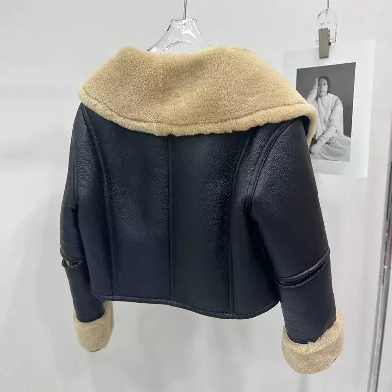 Shearling Jacket For Women Fashion Winter Leather Coats Turn Down Collar Bomber Jacket Biker Moto Outerwear