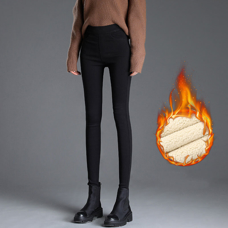 Cashmere Leggings สำหรับผู้หญิงสีดำสูงเอวสีดำ Lamb Flannel Warm Magic กางเกงรัดรูป