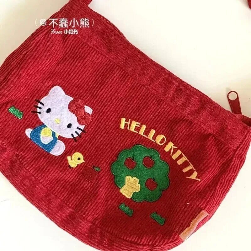 MBTI Hello Kitty Shoulder Bags for Women Vintage Red Cartoon Embroidery Corduroy Cute Crossbody Bag Niche Designer New Handbag
