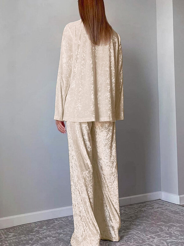Hiloc Pakaian Tidur Beludru Set Wanita Lengan Panjang Pakaian Tidur Berkerah Baju Tidur Piyama Wanita Setelan Celana Rajut Kancing Sebaris Setelan Rumah