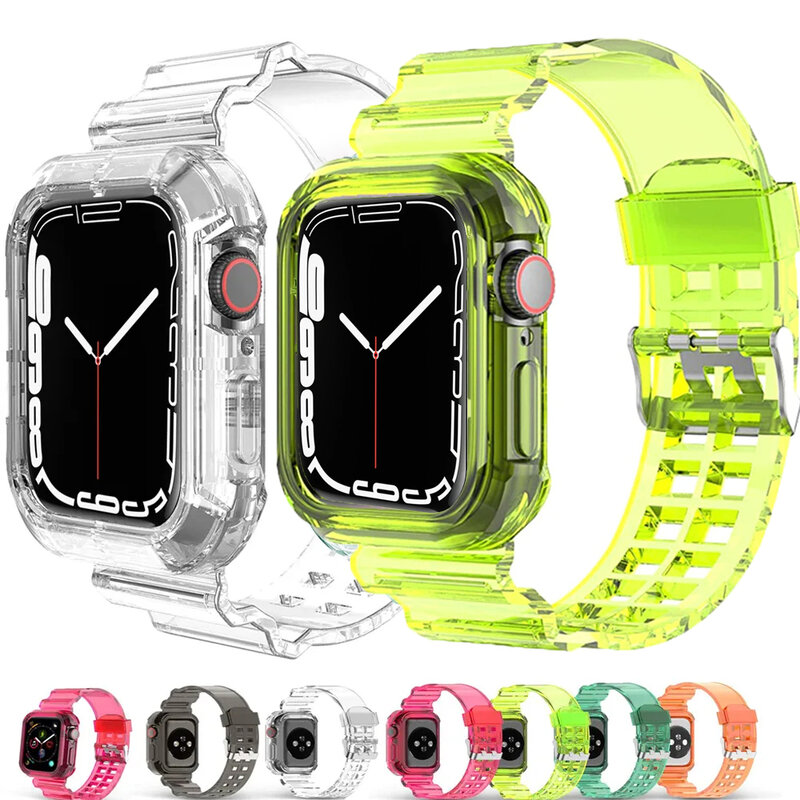 Correa transparente y funda para Apple Watch Series 9, 8, 7, 6, SE 5, 49mm, 45mm, 44mm, 42mm, 41mm, correa de plástico transparente para iwatch 3, 38mm, 40mm