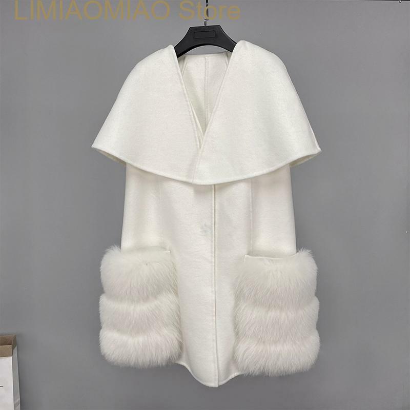 New Famous brand Fall winter Luxury Women Real  Wool cashmere Fur Vest waistcoat  Long Real Fox Fur Jackets abrigos de lana